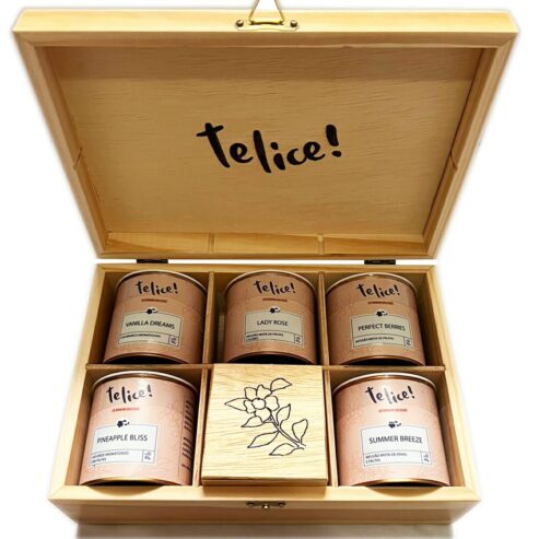 Tea Box em madeira – Kit com 5 chás soltos
